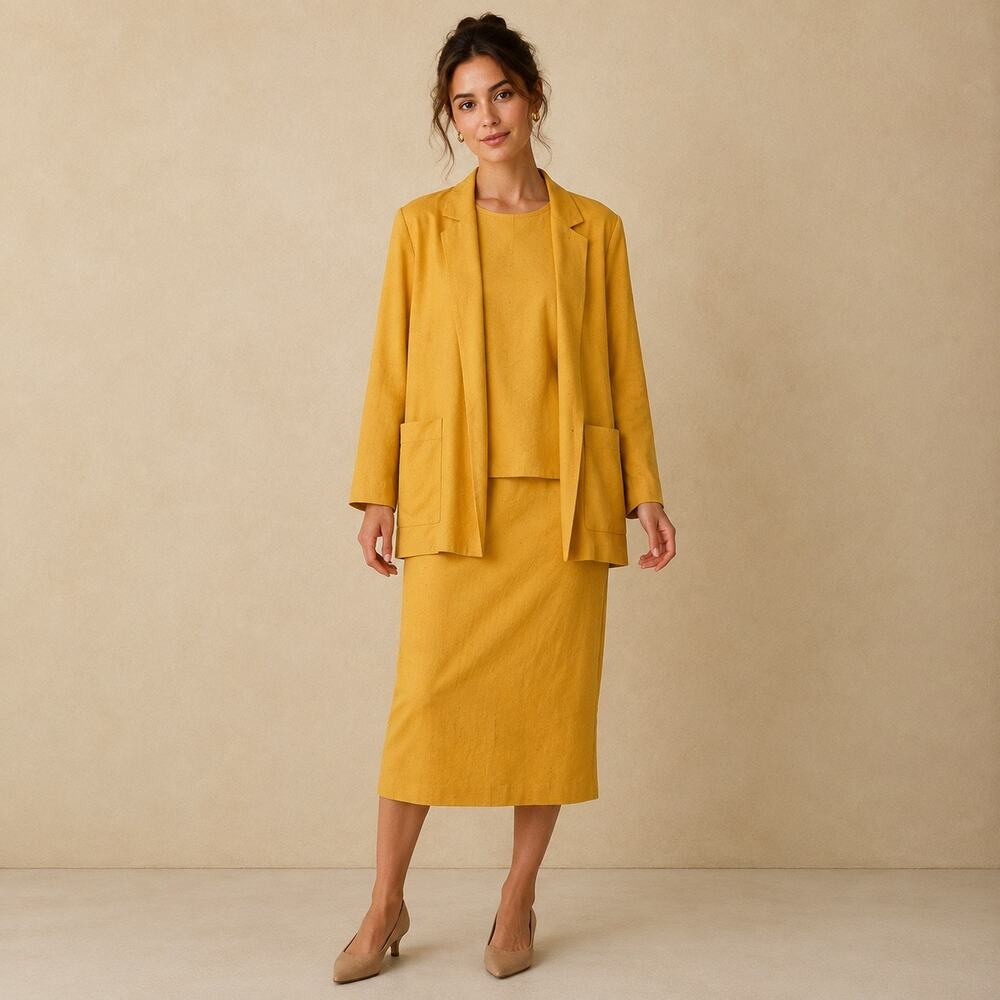 Vintage Giorgio 3 Piece Mustard Yellow Raw Silk Skirt Suit Blazer Top M/L